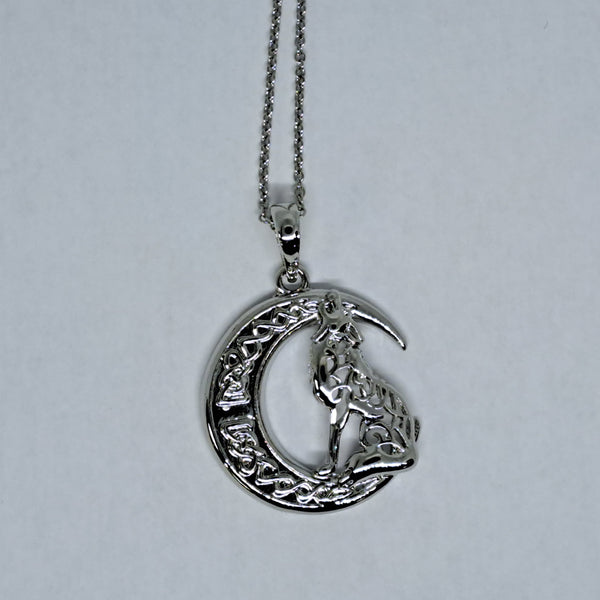 Silver Howling Wolf and Moon Necklace